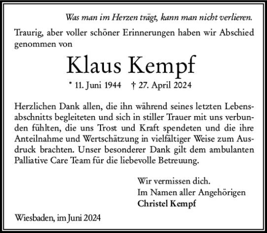 Traueranzeige von Klaus Kempf von Wiesbadener Kurier