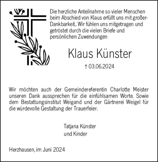 Traueranzeige von Klaus Künster von Hinterländer Anzeiger