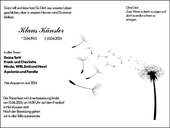 Traueranzeige von Klaus Künster von Hinterländer Anzeiger