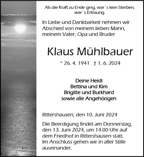 Traueranzeige von Klaus Mühlbauer von Dill Block