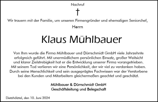 Traueranzeige von Klaus Mühlbauer von Dill Block