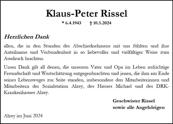 Traueranzeige von Klaus-Peter Rissei von Allgemeine Zeitung Alzey
