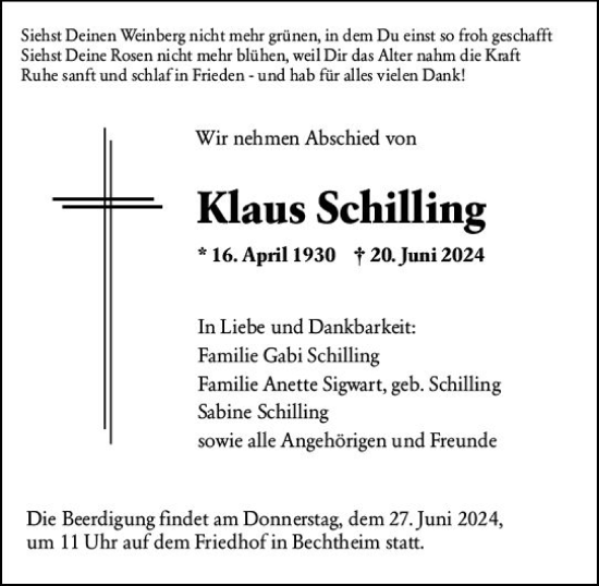 Traueranzeige von Klaus Schilling von Wormser Zeitung