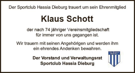 Traueranzeige von Klaus Schott von Dieburger Anzeiger/Groß-Zimmerner Lokal-Anzeiger
