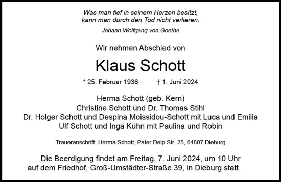 Traueranzeige von Klaus Schott von Dieburger Anzeiger/Groß-Zimmerner Lokal-Anzeiger