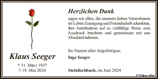 Traueranzeige von Klaus Seeger von Camberger Anzeiger