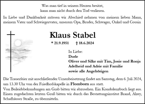 Traueranzeige von Klaus Stabel von Allgemeine Zeitung Alzey