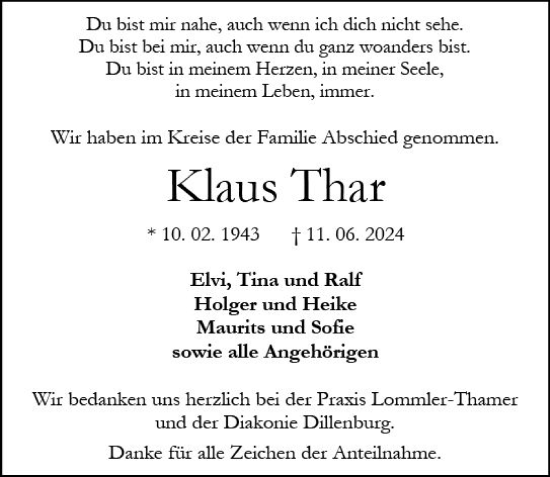 Traueranzeige von Klaus Thar von Dill Block