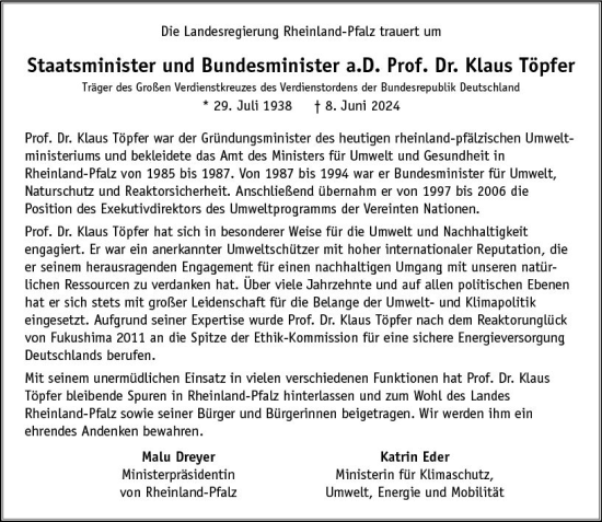Traueranzeige von Klaus Töpfer von Allgemeine Zeitung Bad Kreuznach