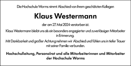 Traueranzeige von Klaus Westermann von Wormser Zeitung