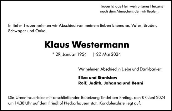 Traueranzeige von Klaus Westermann von Wormser Zeitung