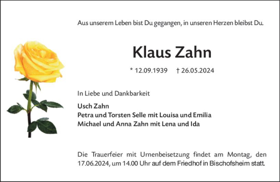 Traueranzeige von Klaus Zahn von Rüsselsheimer Echo