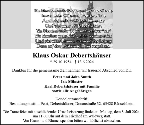 Traueranzeige von Klaus Oskar Debertshäuser von Rüsselsheimer Echo