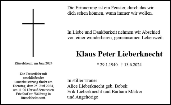 Traueranzeige von Klaus Peter Lieberknecht von Rüsselsheimer Echo