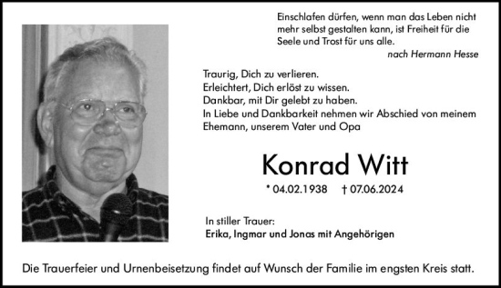 Traueranzeige von Konrad Witt von Darmstädter Echo
