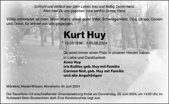 Traueranzeige von Kurt Huy von Allgemeine Zeitung Alzey