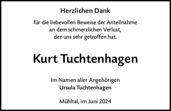 Traueranzeige von Kurt Tuchtenhagen von Darmstädter Echo