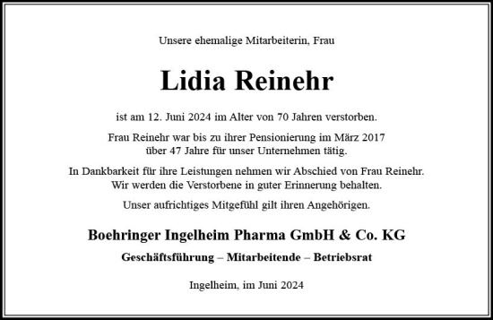 Traueranzeige von Lidia Reinehr von Allgemeine Zeitung Bingen/Ingelheim