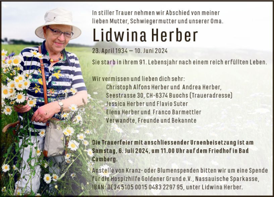 Traueranzeige von Lidwina Herber von Camberger Anzeiger