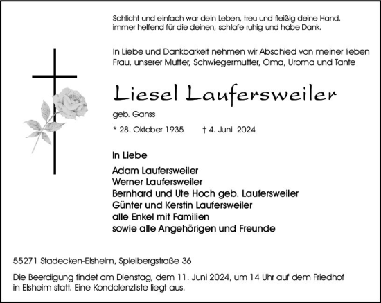 Traueranzeige von Liesel Laufersweiler von Allgemeine Zeitung Bingen/Ingelheim