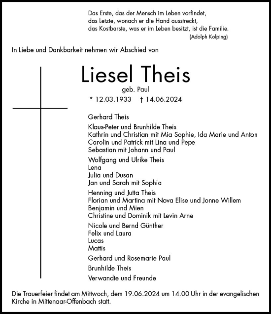 Traueranzeige von Liesel Theis von Dill Block