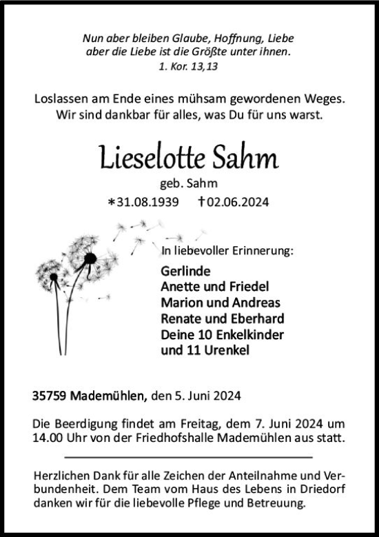 Traueranzeige von Lieselotte Sahm von Dill Block