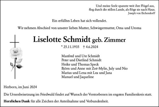 Traueranzeige von Lieselotte Schmidt von Dill Block