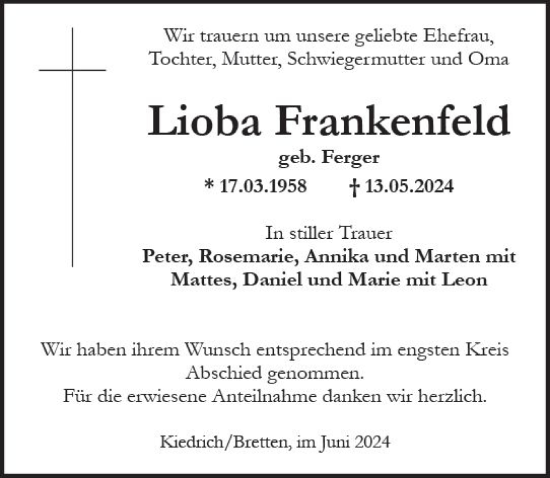 Traueranzeige von Lioba Frankenfeld von Rheingau Kurier
