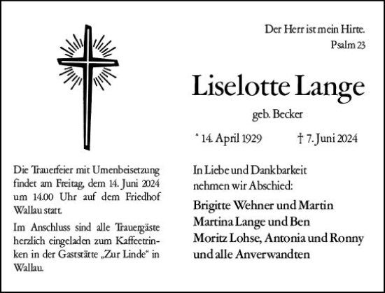Traueranzeige von Liselotte Lange von Hinterländer Anzeiger