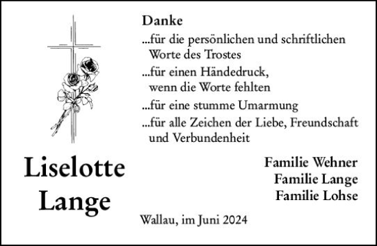Traueranzeige von Liselotte Lange von Hinterländer Anzeiger