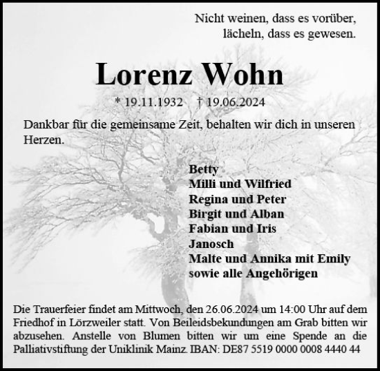 Traueranzeige von Lorenz Wohn von Allgemeine Zeitung Mainz