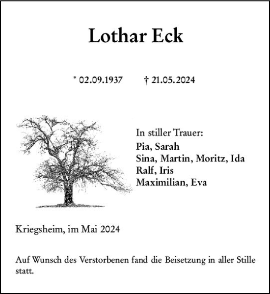 Traueranzeige von Lothar Eck von Wormser Zeitung