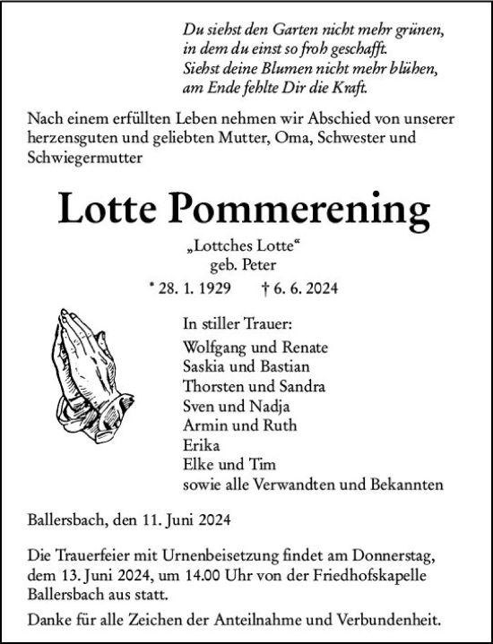 Traueranzeige von Lotte Pommerening von Dill Block