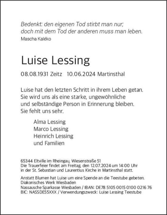 Traueranzeige von Luise Lessing von Wiesbadener Kurier