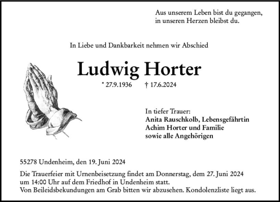 Traueranzeige von Luwi Horter von Allgemeine Zeitung Mainz
