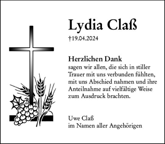 Traueranzeige von Lydia Claß von Allgemeine Zeitung Bingen/Ingelheim