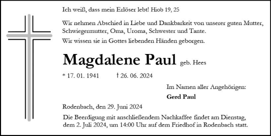 Traueranzeige von Magdalene Paul von Dill Block