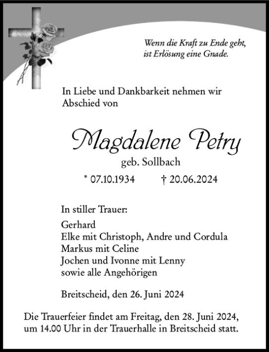 Traueranzeige von Magdalene Petry von Dill Block