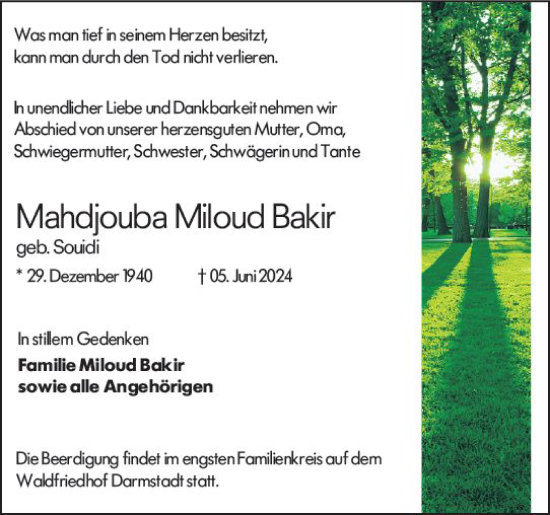 Traueranzeige von Mahdjouba Miloud Bakir von Dieburger Anzeiger/Groß-Zimmerner Lokal-Anzeiger