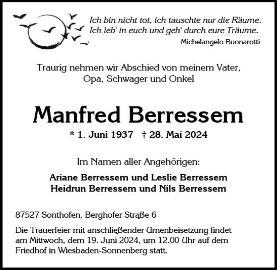 Traueranzeige von Manfred Berressem von Wiesbadener Kurier