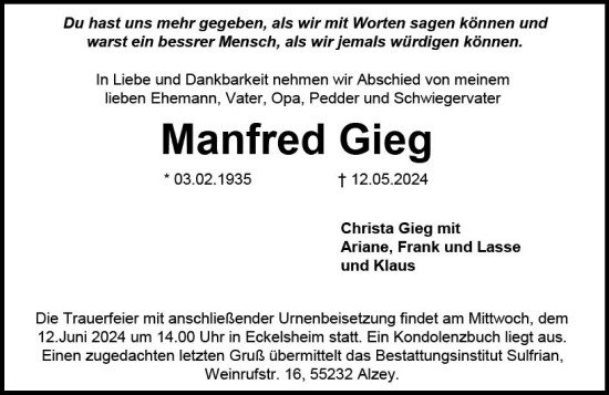 Traueranzeige von Manfred Gieg von Allgemeine Zeitung Alzey