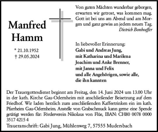 Traueranzeige von Manfred Hamm von Allgemeine Zeitung Alzey