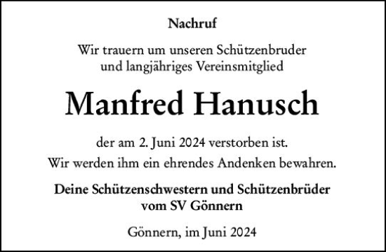 Traueranzeige von Manfred Hanusch von Hinterländer Anzeiger