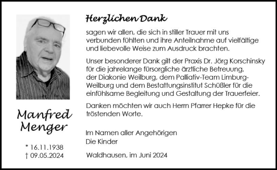 Traueranzeige von Manfred Menger von Weilburger Tageblatt