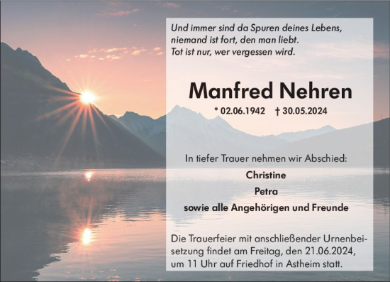 Traueranzeige von Manfred Nehren von Rüsselsheimer Echo