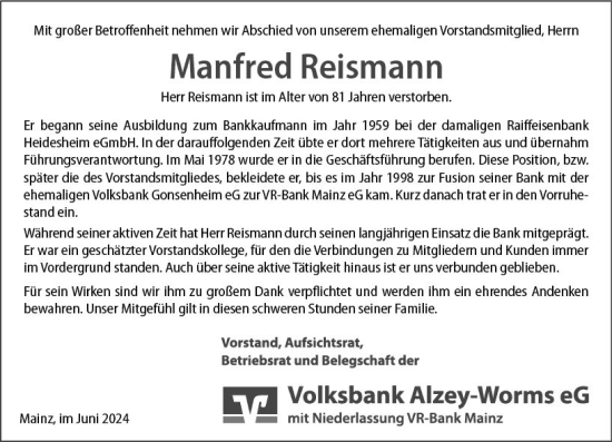Traueranzeige von Manfred Reismann von Allgemeine Zeitung Bingen/Ingelheim