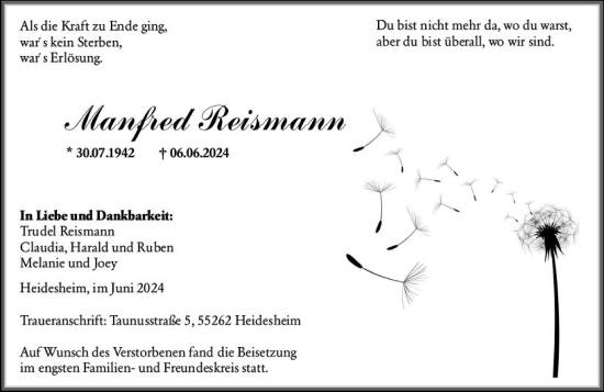 Traueranzeige von Manfred Reismann von Allgemeine Zeitung Bingen/Ingelheim