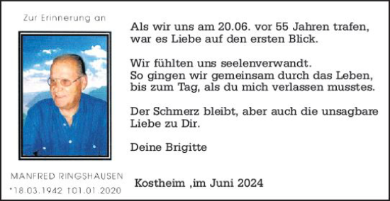 Traueranzeige von Manfred Ringhausen von Allgemeine Zeitung Mainz