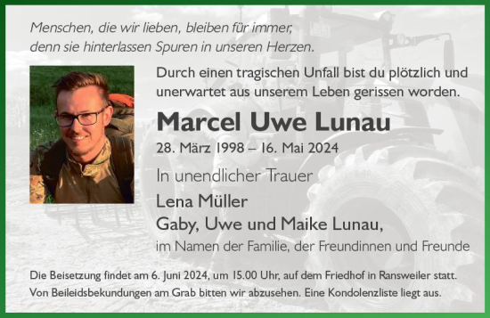 Traueranzeige von Marcel Uwe Lunau von Allgemeine Zeitung Alzey