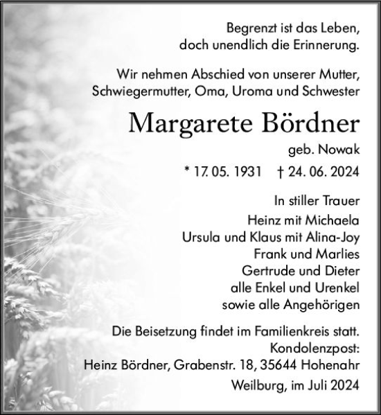 Traueranzeige von Margarete Bördner von Weilburger Tageblatt